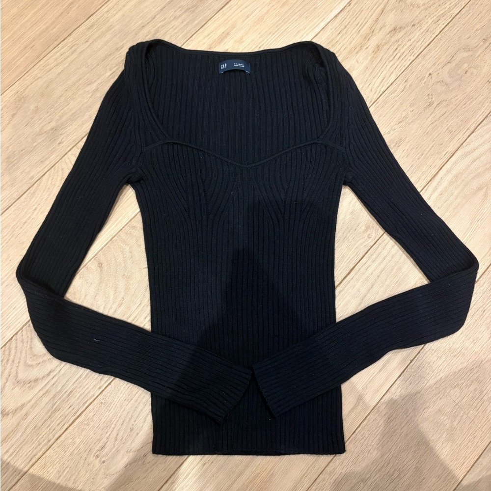 GAP Black Ribbed Scoop-Neck Long Sleeve Knit Top